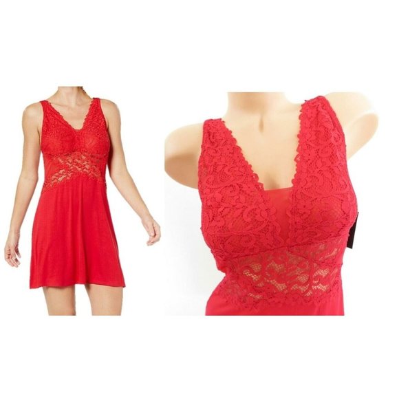 INC Women's Gown Red M Soft Knit Chemise Nightgown Lace Detail V-Neck Sleepwear - Picture 3 of 12